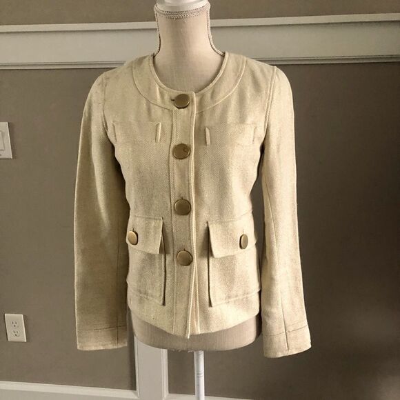 Banana Republic cream-colored, Jackie O, tailored blazer with metallic gold. - Picture 1 of 5